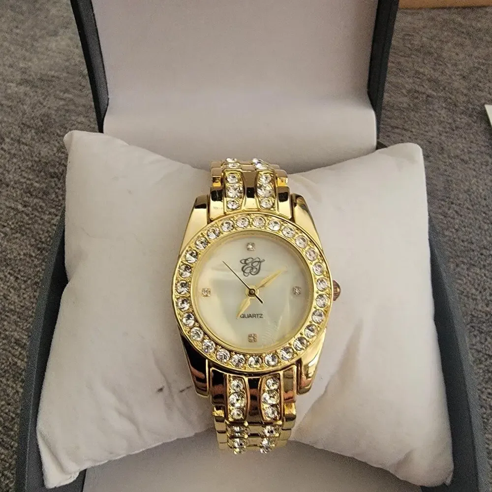 Vintage EJ Womens Watch White Dial Gold Case Crystal Bezel Bracelet Quartz